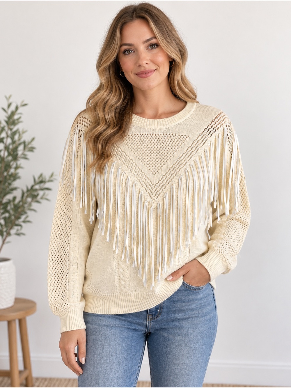 REBA Fringe Knit Sweater Women’s Extra Large Cream Boho Western